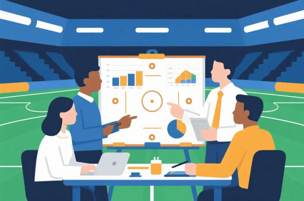 战术板与数据图表，分析师在讨论