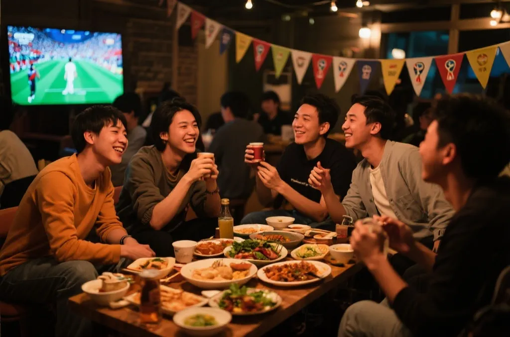 温暖的线下世界杯观赛局，朋友们围坐分享美食，氛围轻松热烈